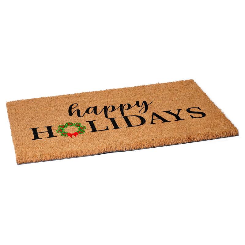 HomeRoots 24" X 36" Brown Black And Green Christmas Happy Holidays Outdoor Coir Door Mat - 24.00' X '36.00