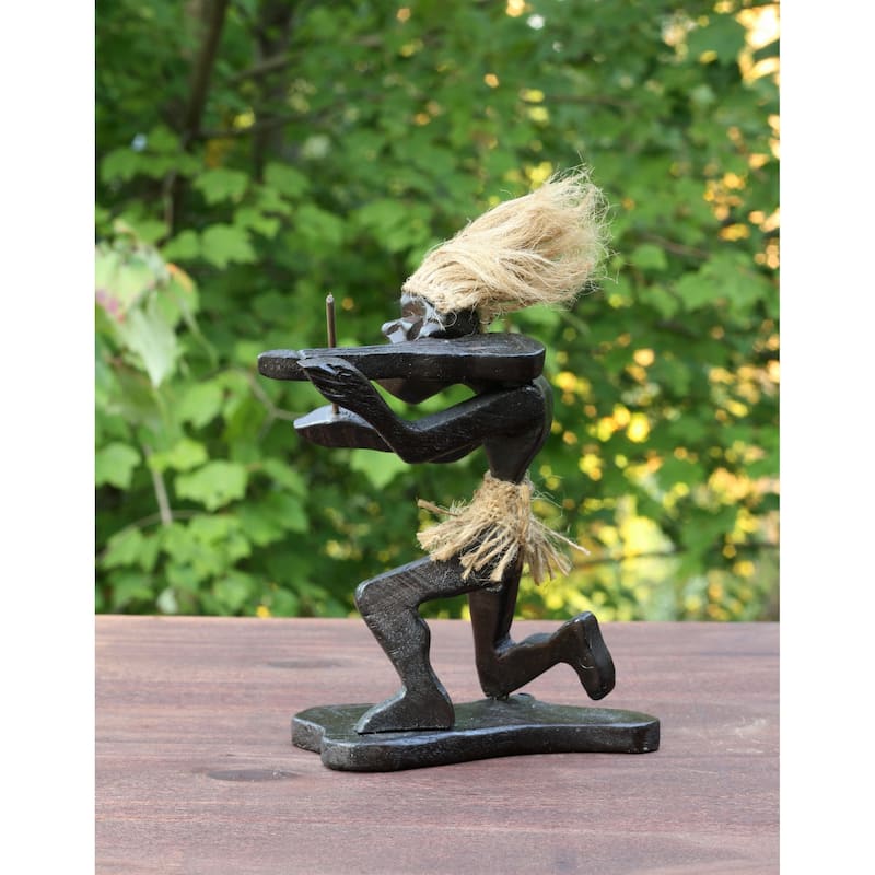 Handmade Wooden Primitive Tribal Playing Violin Funny Statue Sculpture Tiki Bar Handcrafted Unique Gift Home Decor Figurine