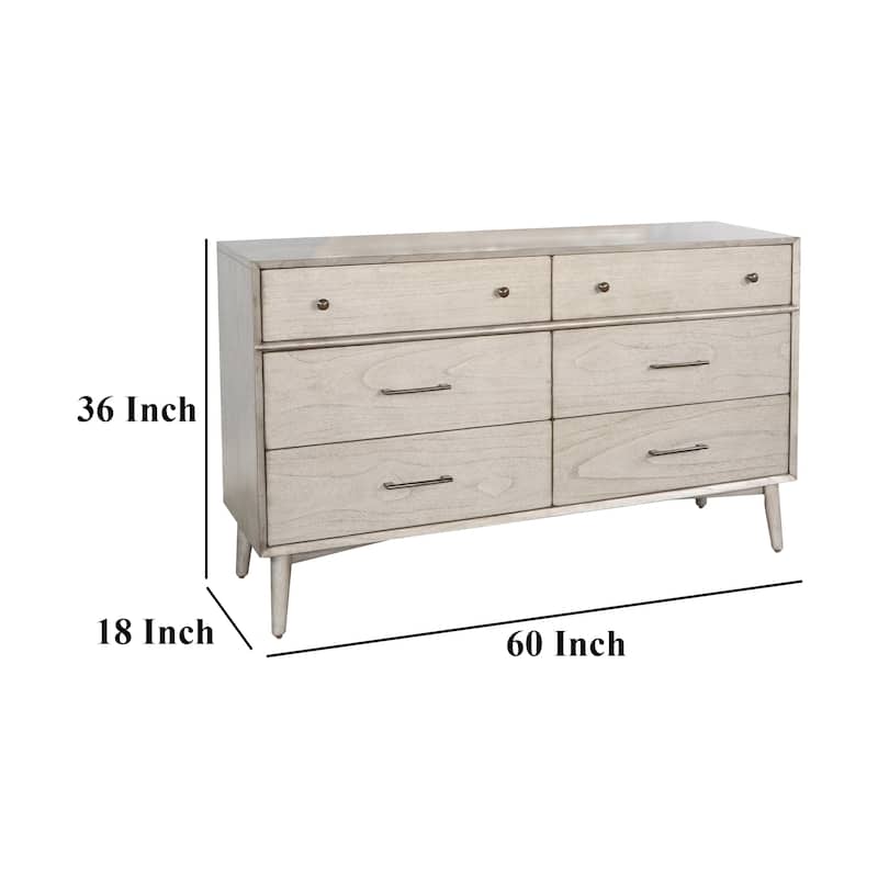 Amy Wide Dresser Chest with 6 Drawers, Angled Legs, Gray Mindi Wood