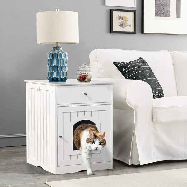 Wooden Pet House Cat Litter Box Enclosure with Drawer Bed Bath
