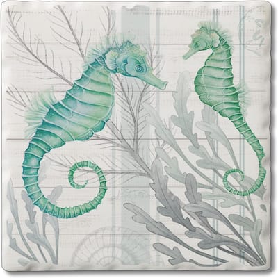 Absorbent Stone Tumbled Tile Coasters, Beach Therapy Seahorses, Set of 4