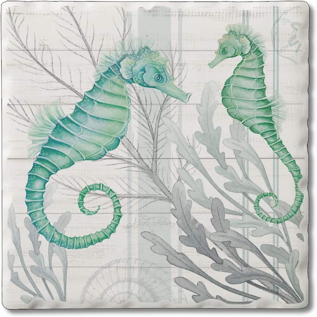 Absorbent Stone Tumbled Tile Coasters, Beach Therapy Seahorses, Set of 4
