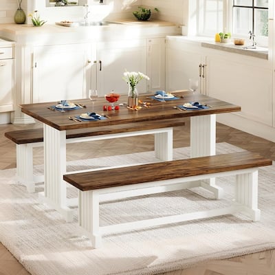 47" Farmhouse 3-Piece Dining Table Set for 2-4 - Space-Saving Kitchen Table with 2 Benches - Rustic Wood & Metal Furniture