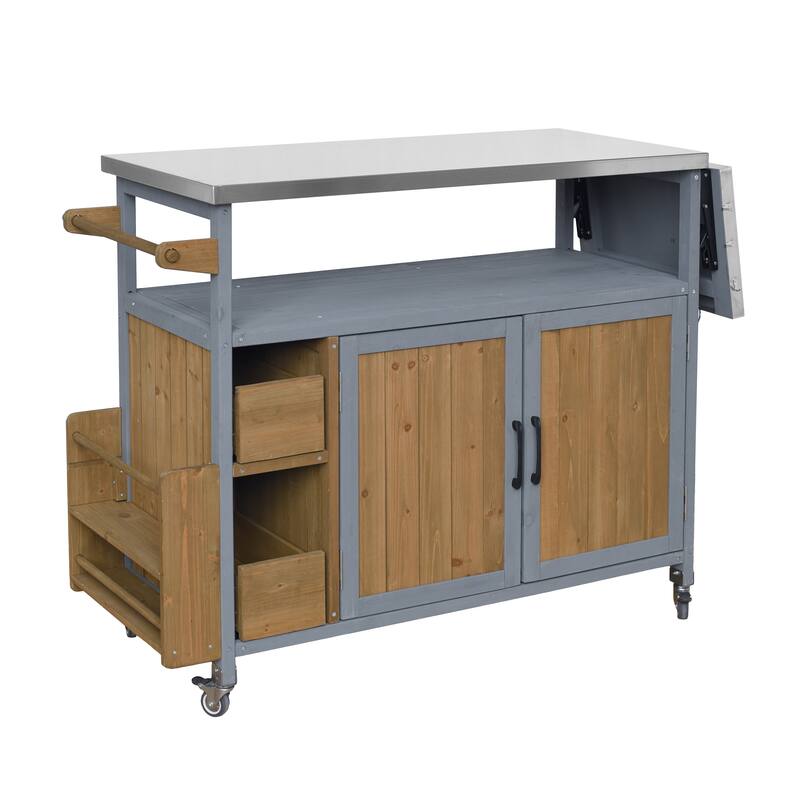 Christopher Knight Home - 54.33" Solid Wood Mobile Outdoor Kitchen Cart with Stainless Steel Top & Spice Rack & Lockable Wheels