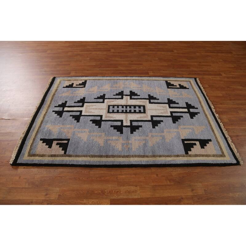 Hand Knotted Oriental 100% Wool Carpet Tribal Navy Blue & Blues Area Rug - 5' 10'' X 4' 0''