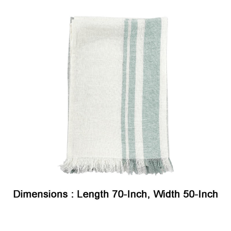 50 Inch Throw Blanket, Soft Belgian Flax Linen, Sage Green Stripes, White