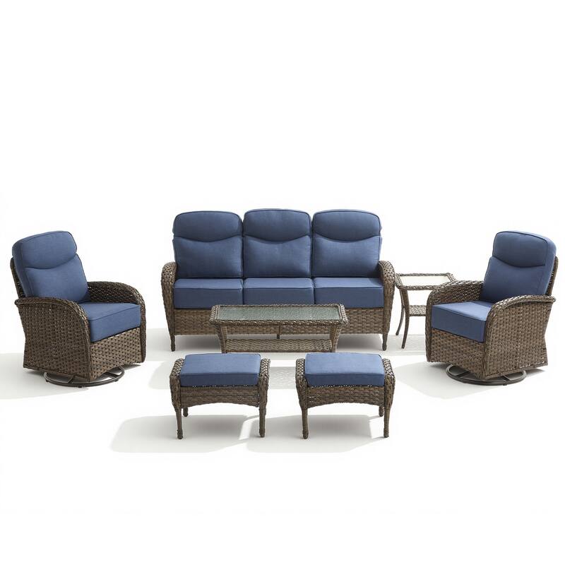 Pocassy Outdoor Wicker Patio Sofa with Swivel Chair Table and Ottomans