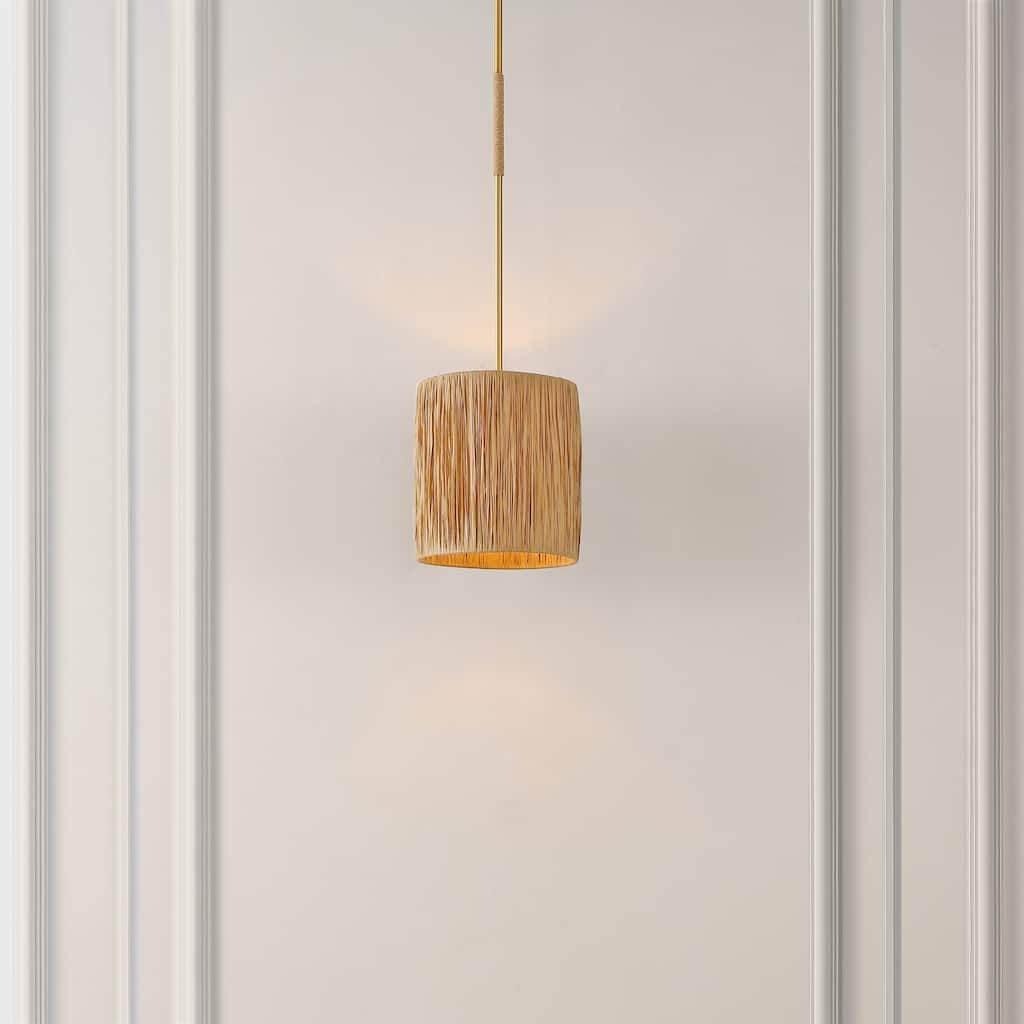 SAFAVIEH Lighting Fjoralba Extendable Pendant - 9 In. W x 9 In. D x 19-49 In. H - Natural/Gold - 9Wx9Dx49H