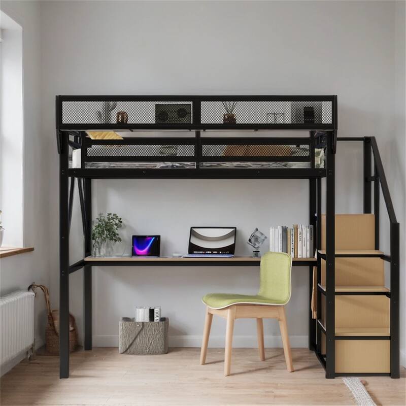 Full Size Loft Bed with Desk,Charging Station,Stairs and Light