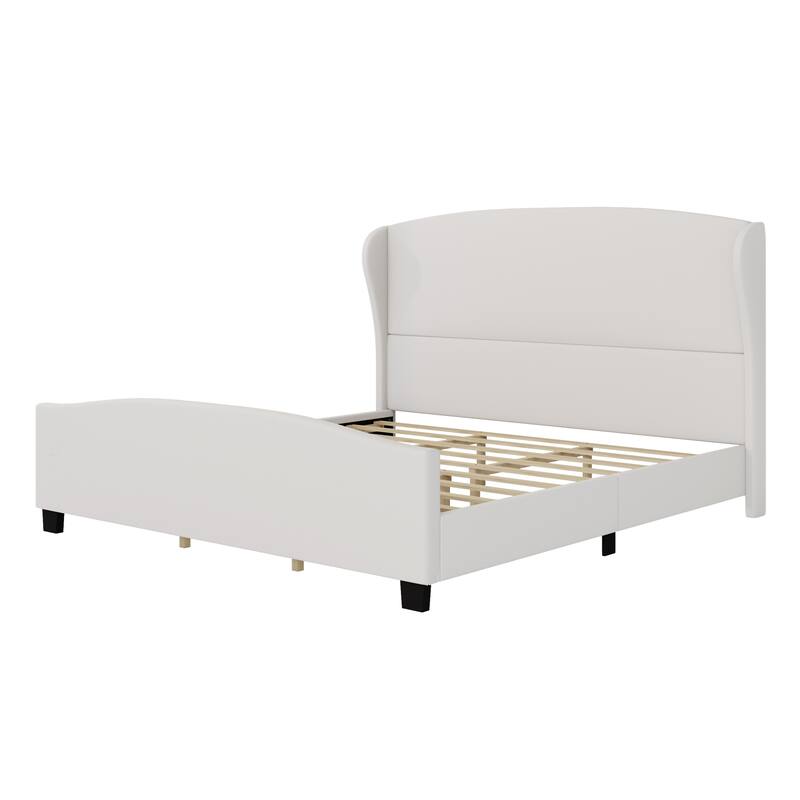 King Size Upholstered Bed with 51" High Wingback Headboard, Linen Fabric, No Box Spring Required, Gray