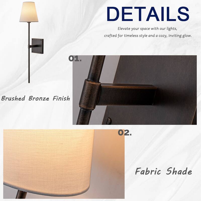 25" Tall Transitional Wall Sconce in Bronze with White Linen Shade Farmhouse Fabric Wall Light for Bedside Hallway Bathroom