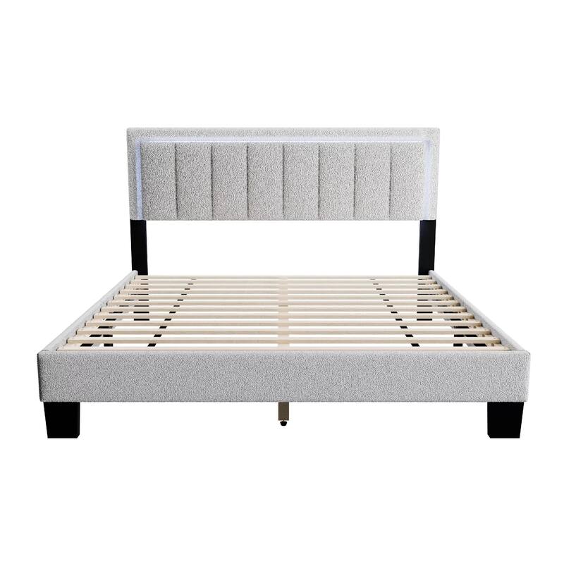 Jiana Full Bed, Light Gray Wool Upholstery, LED Headboard