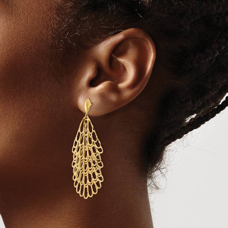 Curata 14k Yellow Gold Polished and Textured Post Long Drop Dangle Earrings 51.4x18.05mm