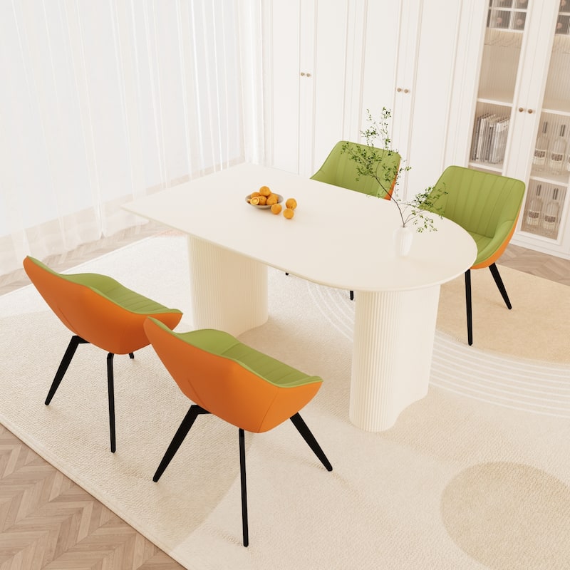 5-Piece Kitchen Table Set for 4, Modern Round Dining Table Set with Carved Legs and PU Leather Chairs for Dining Room