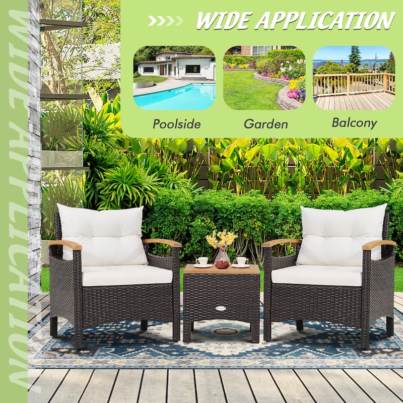 3PCS Patio Rattan Furniture Set Armrest Sofa Wooden Table Top