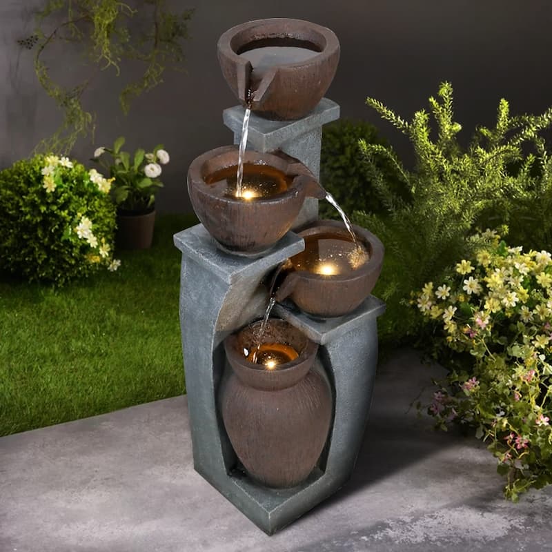 32.8''H 4-Tier Bowl Outdoor Water Fountains with LED Lights