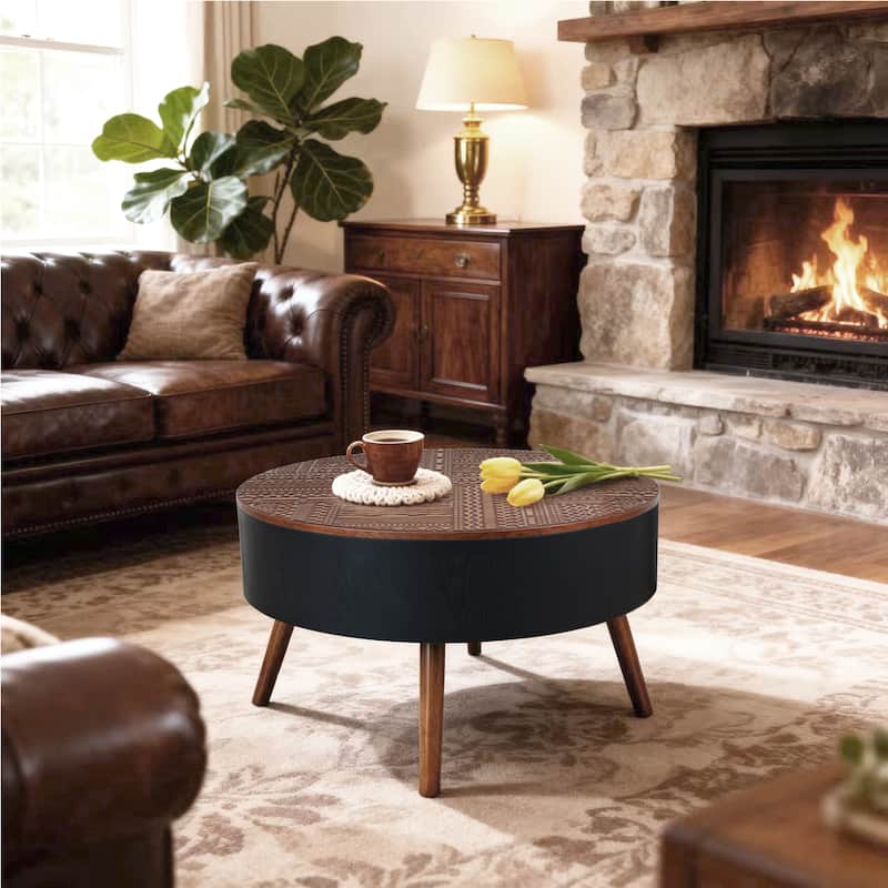 GDFStudio Veyrion Carved Round Coffee Table with Storage and Mid-Century Modern Design