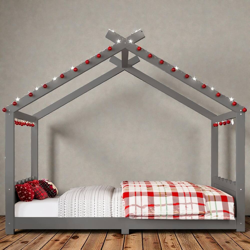 Kids Solid Wood House Floor Bed with Support Slats, Montessori Low Profile Bed, No Box Spring Needed
