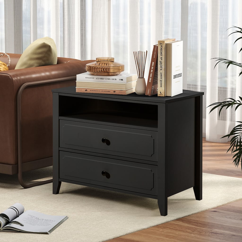 EROMMY Modern Wide Nightstand with 2 Drawers and Open Storage, Bedroom Bedside Table with Solid Wood Legs, Nightstand.