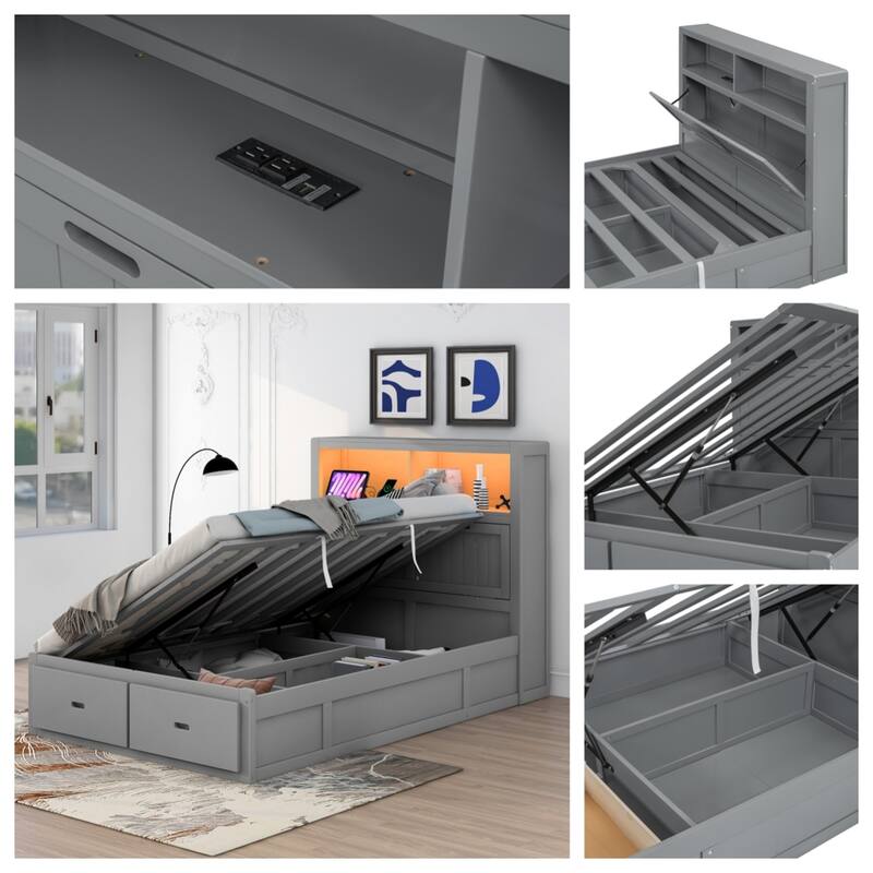 Wood Full Size Hydraulic Platform Bed with LED and Charging Station