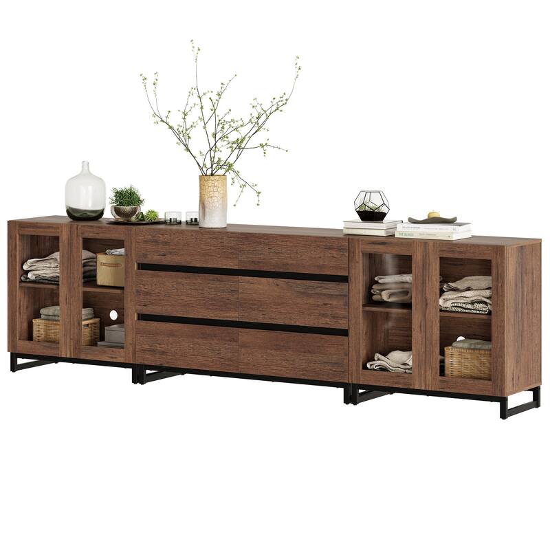 WAMPAT 3 in 1 Multifunctional Dresser with Glass Doors and 6 Drawers, Modern Chest of Drawers for Bedroom