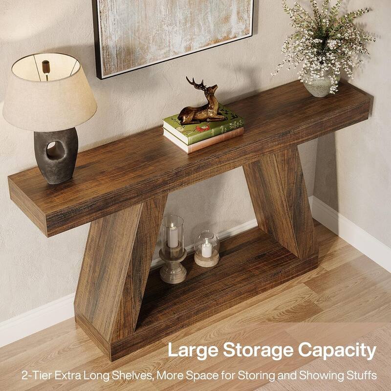 55-Inch Wooden Console Table with Storage, Farmhouse Sofa Table Entryway Table for Hallway, Living Room