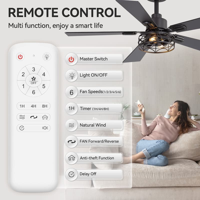42" Reversible 5-Blade Caged Ceiling Fan with Light and Remote