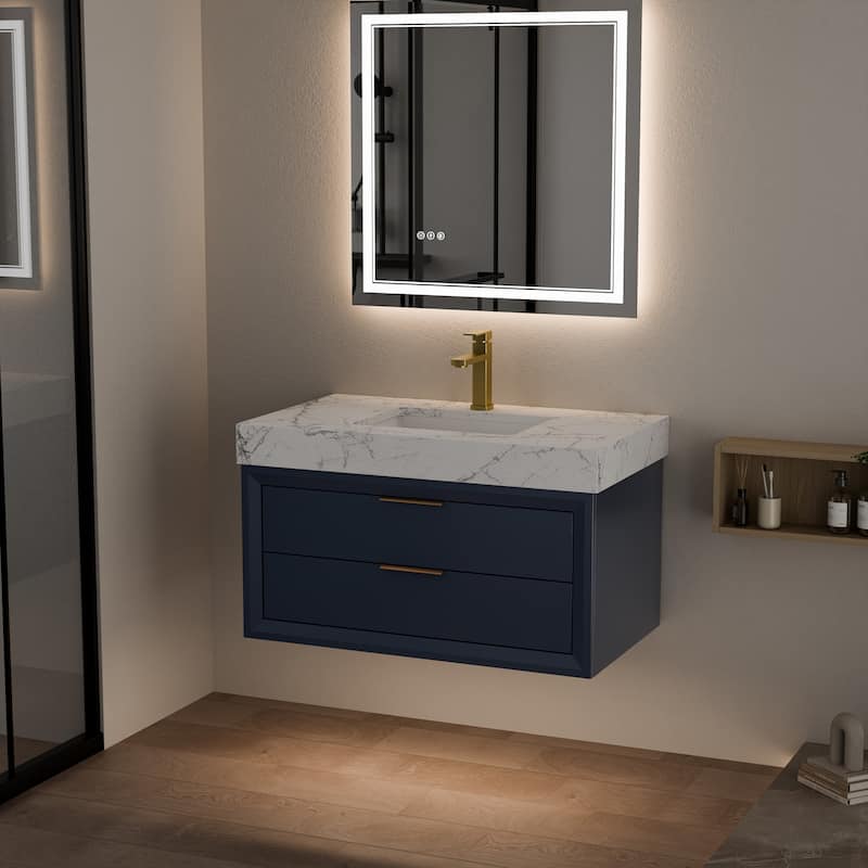 Modland 36" Wall-Mount Vanity with LED Light & 2 Soft-Close Drawers - Solid Oak, Black,White,Blue,Green - 36 inch
