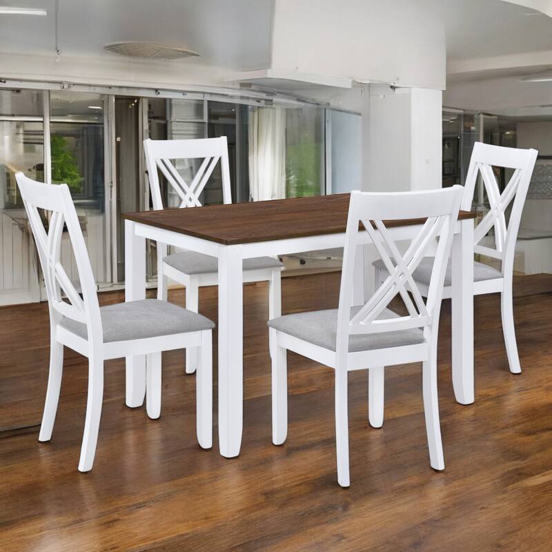 5-Piece Dining Table Set with 4 X-Back Chairs for Small Dining Rooms, Solid Wood Construction with Linen Upholstered Seats