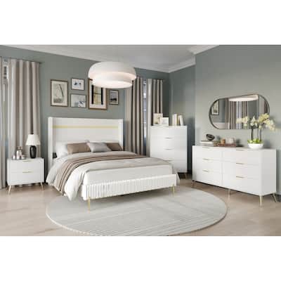 CraftPorch Corduroy 4-pieces Glam White Bed with White Furniture Bedroom Set