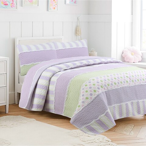 Cozy Line Lilac Purple Green Stripe Polka Dot Checker White Ruffle Patchwork Cotton Reversible Quilt Bedding Set
