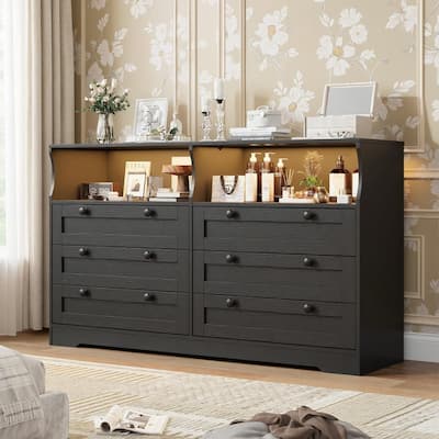 6 Drawer Large Wooden Dresser, with LED Light and Power Outlet