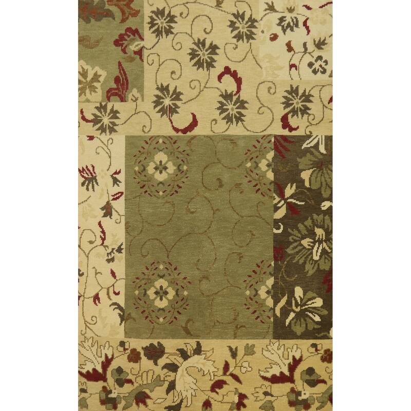 Green Wool Floral Indian Area Rug 7x10 - 9' 11'' X 6' 6''