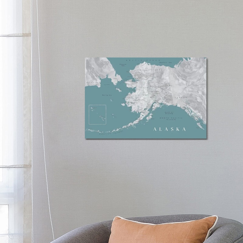 iCanvas "Gray And Teal Watercolor Detailed Map Of Alaska" by blursbyai Canvas Print - 18x26x1.5