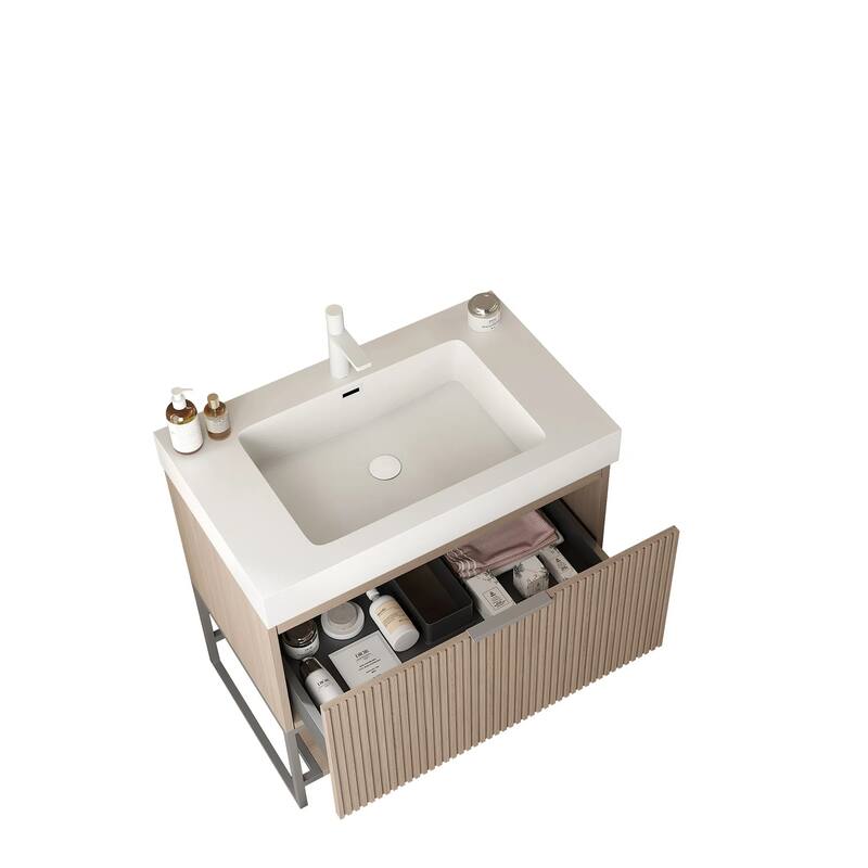 36-Inch Acrylic Integrated Basin Bathroom Vanity with Natural Wood Grain Drawer Panel, Soft Close System, and Spacious Storage
