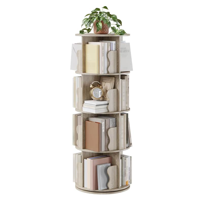 Rotating Bookcase, Standing Shelf with 4 Levels, 360° Floorstanding Wooden Bookcase, Office Shelf - Yellow