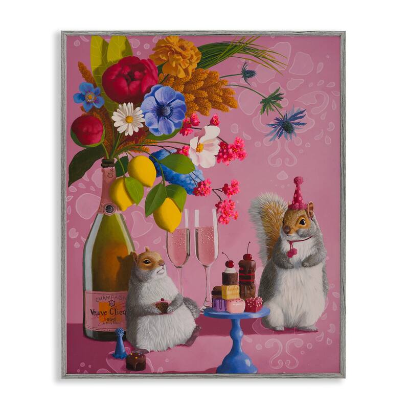 Stupell Party Hat Squirrels & Bouquet Framed Giclee Art Design By Heather Gauthier - 11 x 14 - Grey