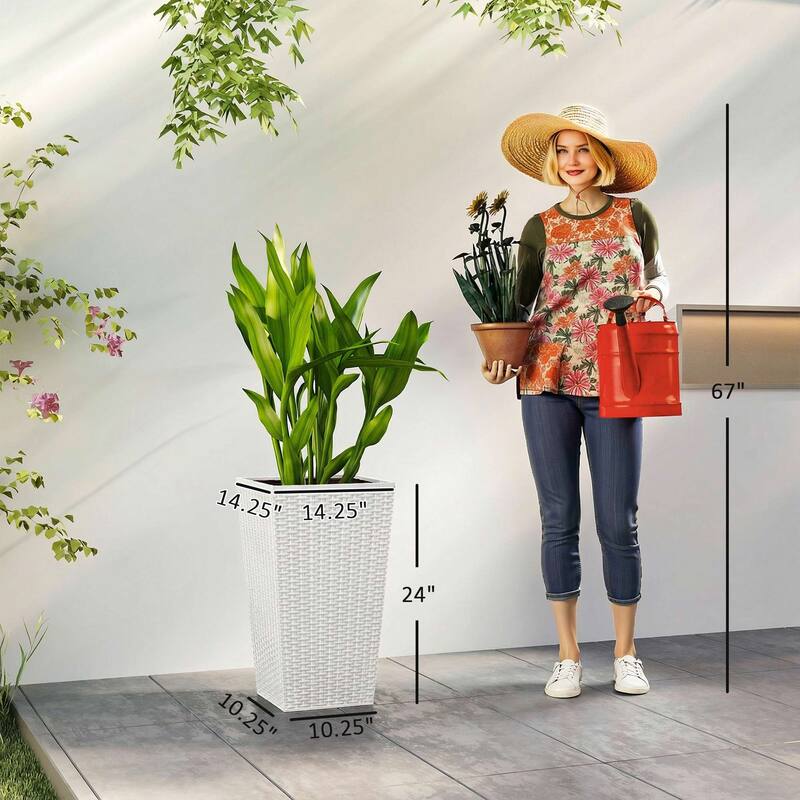 Outsunny Tall Planters for Outdoor Plants Set of 3, 24 In Taper Planters with Drainage Holes, Rattan Decor Plant Pots