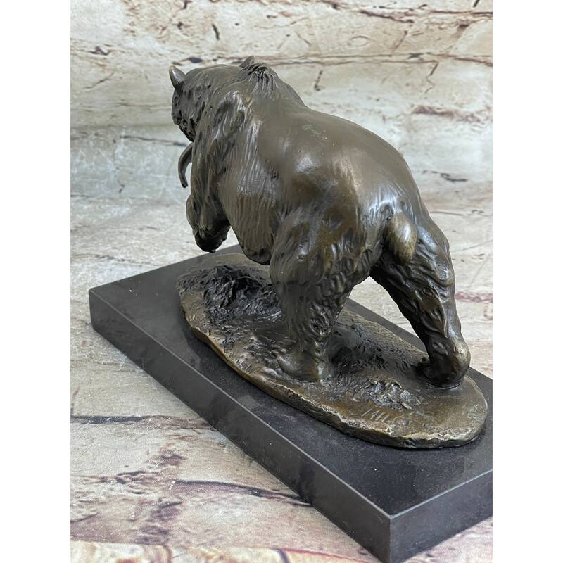 Bronze Grizzly Bear Hunting Fish River Sculpture Art Figurine Marble Base Figure