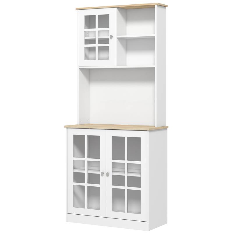 72" Freestanding Storage Cabinet with Hutch, Large Countertop, Glass Doors and Adjustable Shelves