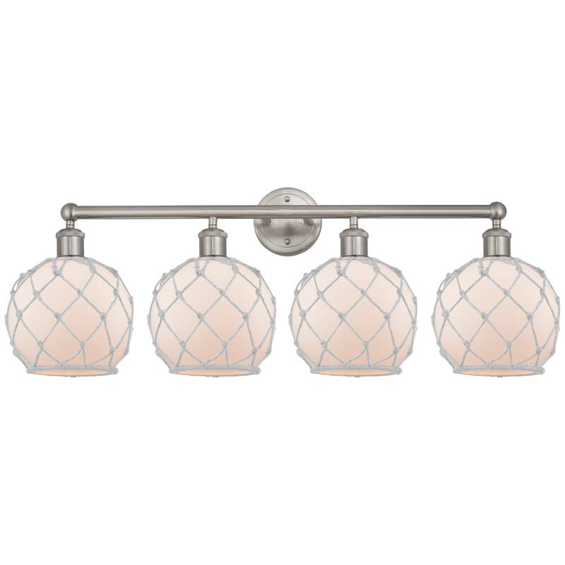 Innovations Lighting Endless Possibilities Edison - Farmhouse Rope - 4 Light 35" Bath Vanity Light - White Glass with White Rope/Brushed Satin Nickel