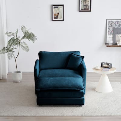 Modern Accent Chair with Ottoman, Living Room Club Chair Chenille Upholstered Armchair , Reading Chair for Bedroom, Blue Chenill