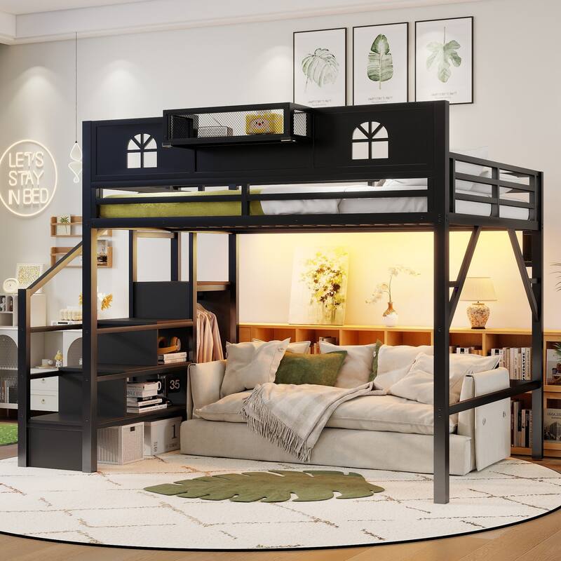Queen Size Loft Bed with Stairs, Queen Loft Bed with High and House Shaped Guardrails, High Loft Bed with Wardrobe for Kids - Black