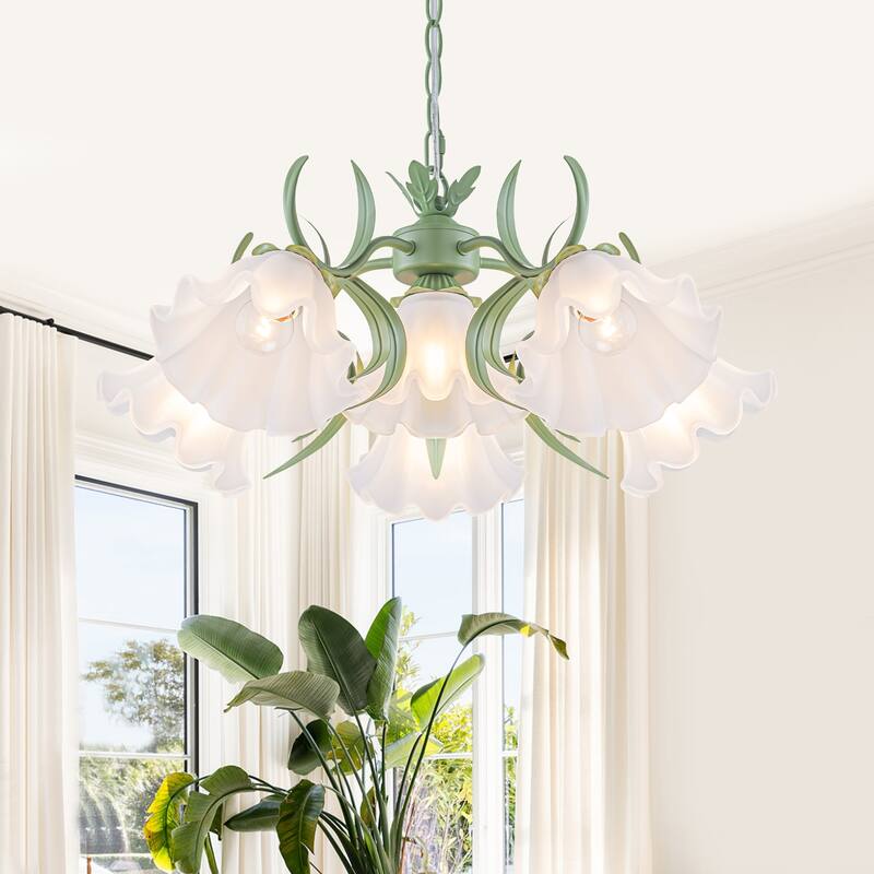 Botanical Green Chandelier with Floral Frosted Glass Shades - 6-Lights