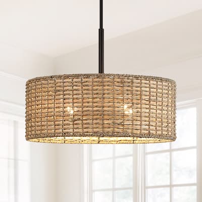 Lennie 4-Light Rattan Drum Chandelier with Black Canopy - 20'' W