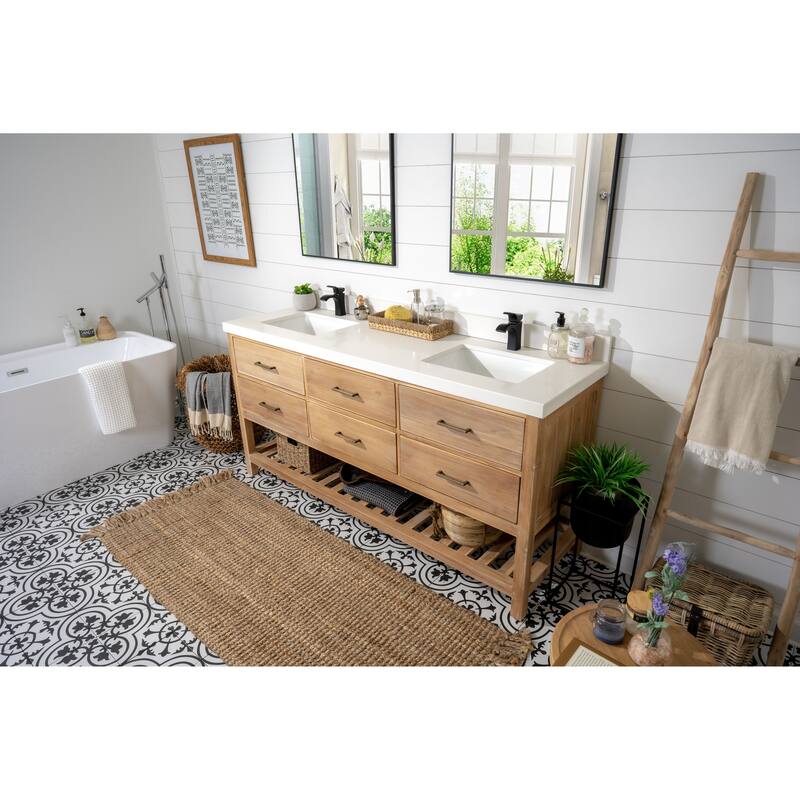 Willow Collections 60 in. W x 22 in. D Parker Solid Teak Double Sink Bathroom Vanity with Countertop