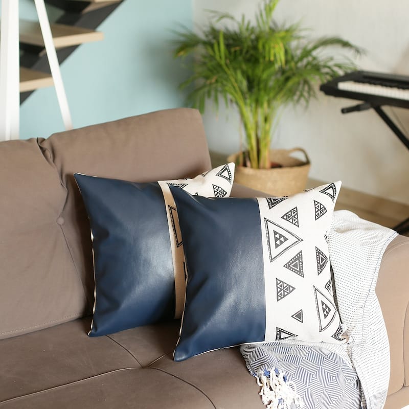 Decorative Vegan Faux Leather Throw Pillows Set of 2 - 17x17 - Navy Blue