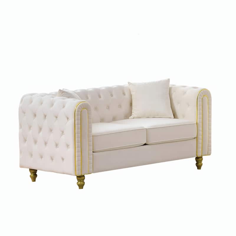 Roomfitters 63" Modern Upholstered Chesterfield Loveseat with Gold Trim, Button Back 2-Seater Couch for Small Spaces