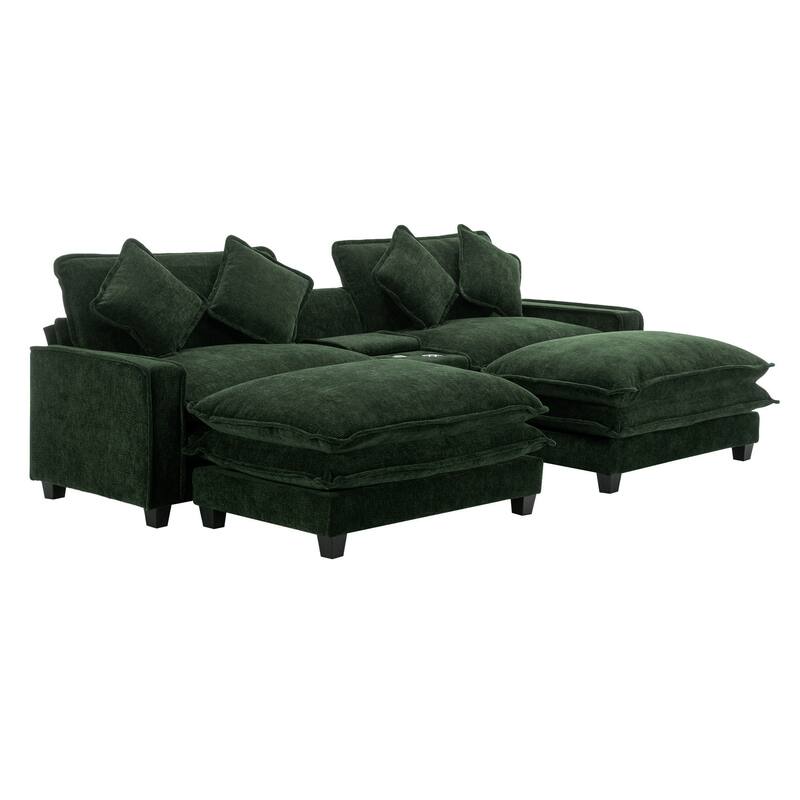 111" Chenille Sectional Sofa Set with USB Ports & Cup Holders, Oversized Chaise Lounge Modular Loveseat with 2 Ottomans