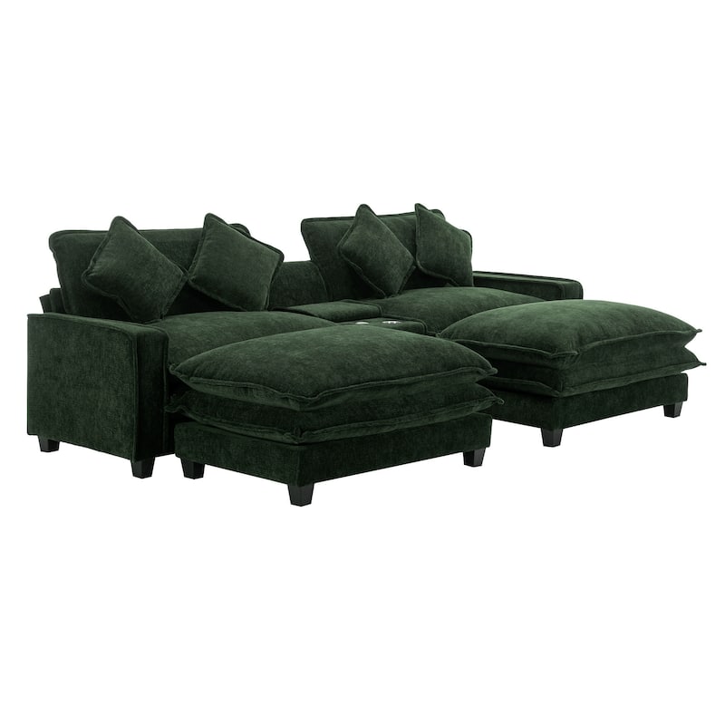 111" Chenille Sectional Sofa with 2 Ottomans, 2 USB Ports, 2 Cup Holders, Storage, Green